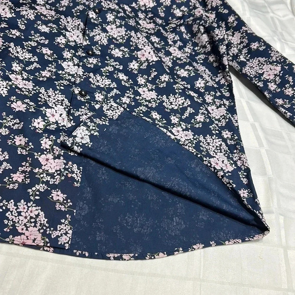 AKA SLIM FIT BLUE LONG SLEEVE SHIRT WITH  FLORAL PINK DESIGN . 100 cotton - Picture 9 of 10